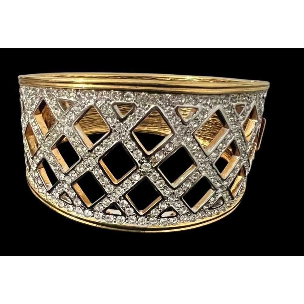 Sandi Miller Burrows Gold Tone Rhinestone Cuff Lattice Style Bracelet Signed